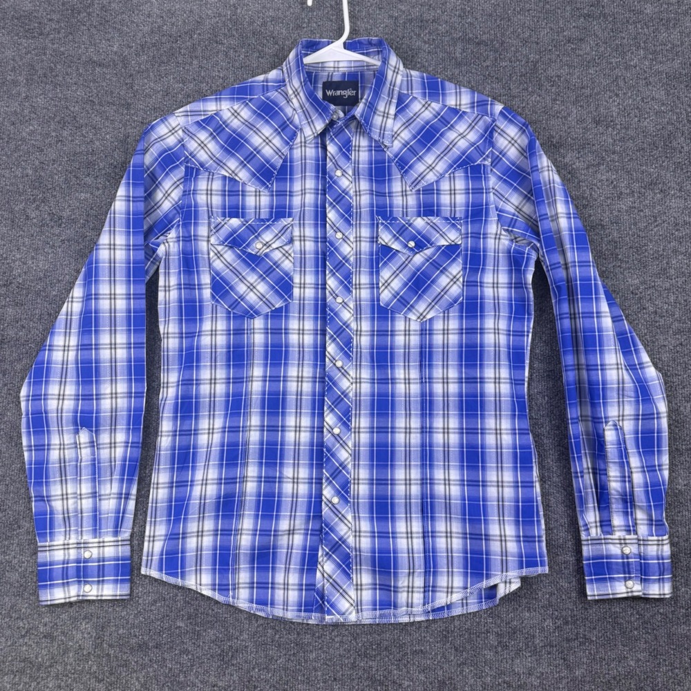 Wrangler Mens Blue White Plaid Western Pearl Snap Long Sleeve Shirt Medium